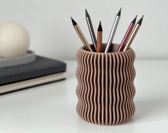 Wavy Pen Holder for Desk | 3D Printed Wood Color Makeup Brush Holder for Vanity Table | Decorative Home Office Desk Organizer