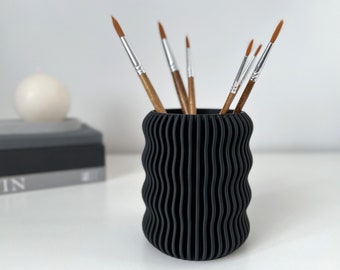 Porte-stylo ondulé noir pour bureau | Porte-pinceau de maquillage pour table imprimé en 3D | Organiseur de bureau décoratif pour bureau à domicile