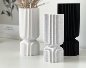 Vase sablier décoratif pour herbe de pampa et fleurs séchées | Vase côtelé blanc et noir imprimé en 3D | Décor de table minimaliste