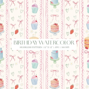 May include: A watercolour seamless pattern with birthday cakes, cupcakes, bows, strawberries, and hearts. The design has vertical pink stripes with a scalloped edge. The text "BIRTHDAY WATERCOLOR" is displayed. The pattern is 30.48 cm x 30.48 cm.