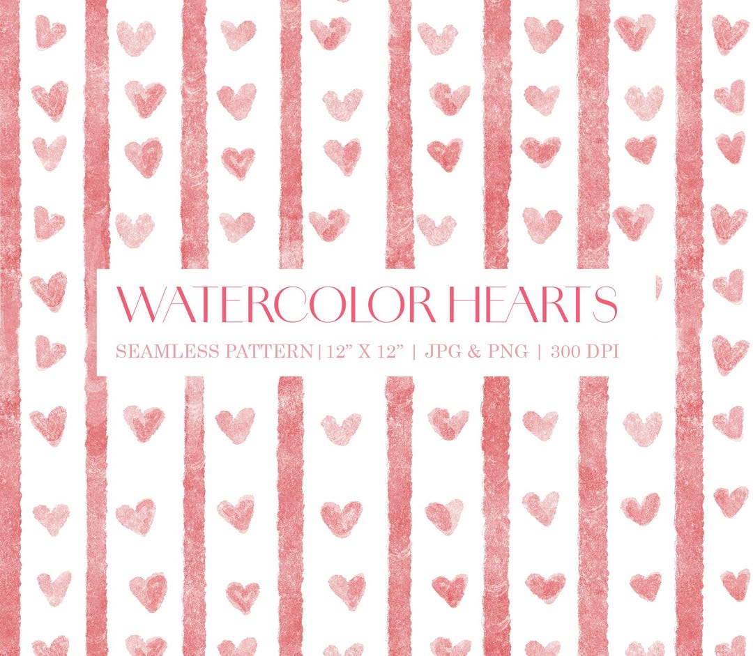 Valentines Digital Paper | Hearts Seamless Pattern | Watercolor Stripes ...