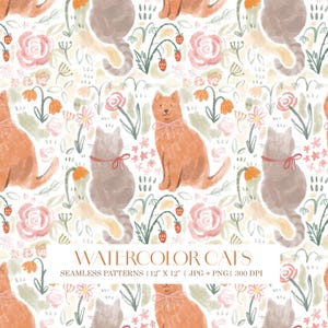 Könnte beinhalten: Nahtloses Aquarellmuster mit orangefarbenen und grauen Katzen mit rosa Schleifen, umgeben von Blumen und Erdbeeren. Das Design enthält den Text "WATERCOLOR CATS" und wird als nahtlose Muster, 30,48 cm x 30,48 cm, beschrieben.