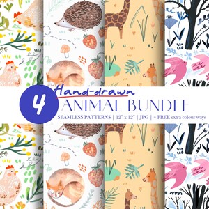 May include: Four hand-drawn animal pattern designs, each 30.48 cm x 30.48 cm, showcasing illustrations of a hen, hedgehog, fox, giraffe, and birds. The patterns include strawberries, mushrooms, and floral elements, with diverse colour schemes.