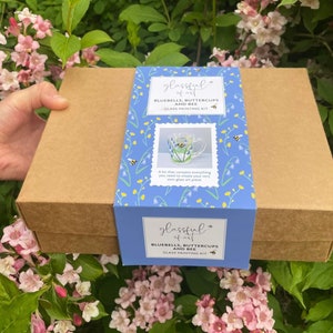 May include: A brown box with a blue and white label. The label has a picture of a mug with bluebells, buttercups, and a bee. The text on the label reads "glassful of art BLUEBELLS, BUTTERCUPS AND BEE GLASS PAINTING KIT".