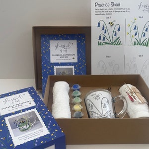 May include: A glass painting kit with a blue and yellow box featuring a bluebell, buttercup, and bee design. The kit includes a glass mug, paint, brushes, and a practice sheet.
