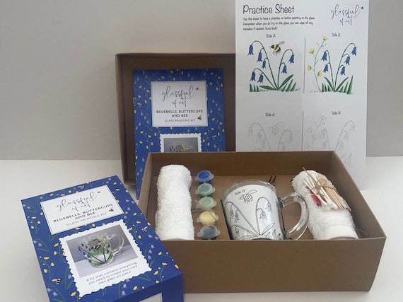 Glass Mug Painting Kit - DIY Starter Craft Kit | Create Your Very Own Glass Art Piece | Bluebells, Buttercups and Bee Design