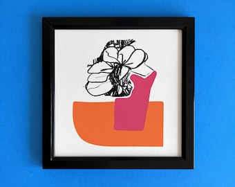 FLOWER COLLAGE 3, original art print, modern illustration, room decor, colorful gift for home, flowers, pink, orange, cool, elena marinescu
