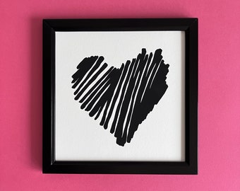 BLACK HEART, original art print, abstract drawing, room decor, minimalistic gift for home, black and white, cool, elena marinescu