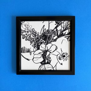 FLOWER ARRANGEMENT 1, original art print, abstract drawing, gallery wall, room decor, minimalistic gift for home, flowers, black and white image 1
