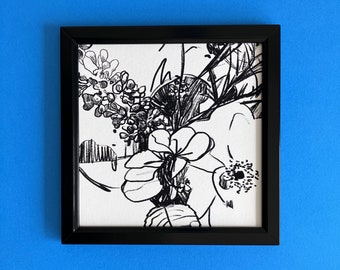 FLOWER ARRANGEMENT 1, original art print, abstract drawing, gallery wall, room decor, minimalistic gift for home, flowers, black and white