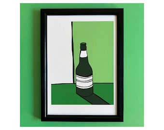 A BOTTLE OF TRUTH, abstract drawing, modern illustration, gallery wall, room decor, colorful gift for home, kitchen, bar, green, cool