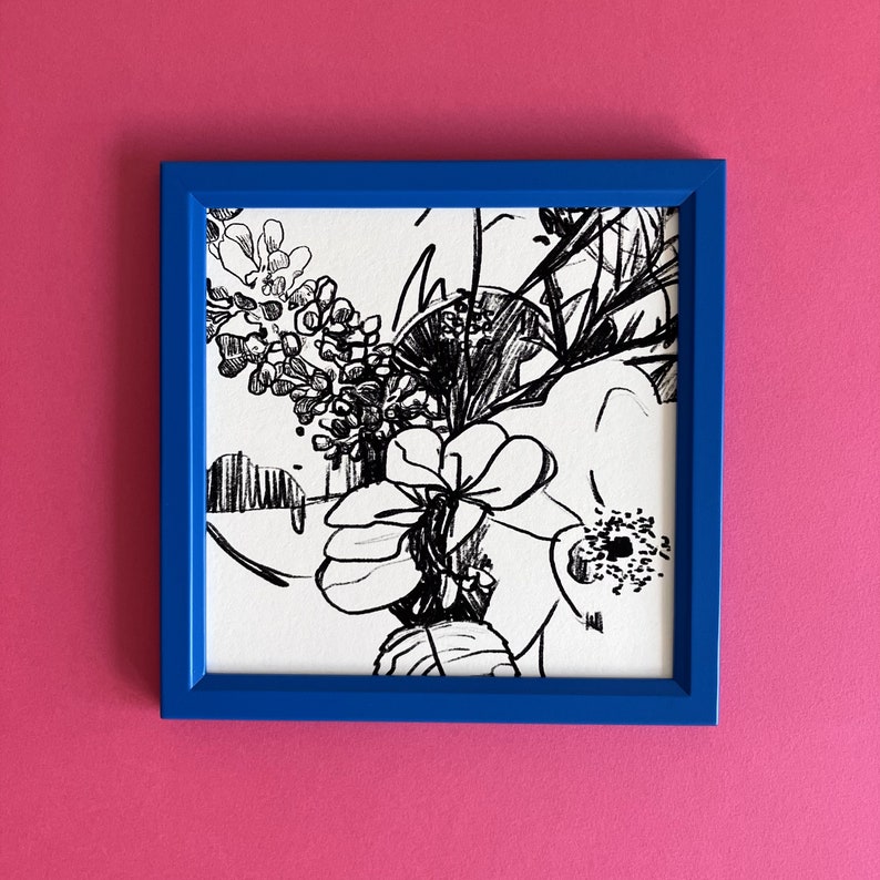 FLOWER ARRANGEMENT 1, original art print, abstract drawing, gallery wall, room decor, minimalistic gift for home, flowers, black and white image 2