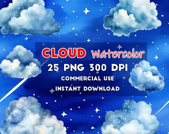 Watercolor Clouds PNG Clipart Bundle Digital Download sparkles cloud - Commercial Use, Printable Scrapbook Supplies