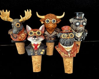 Steampunk djurflaskpropp kork | Älg, räv, höglandsko, bulldoggdesign