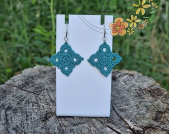 Handmade crochet lace diamond earrings , Square Crochet earrings, micro crochet jewelry earrings, Sterling silver, Hypoallergenic