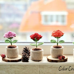 Rosa fatta a mano all'uncinetto in vaso: regalo unico per la decorazione della casa