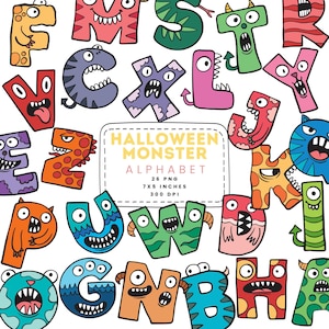 Fonte do alfabeto de monstro de Halloween Tema de monstro Clipart PNG JPG Licença de uso comercial Materiais educacionais Doodle criativo Letra maiúscula