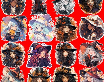 16 Sticker PNG Bundle Halloween Young Witch Stickers