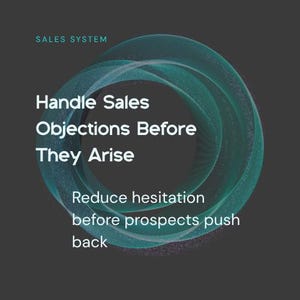 Könnte beinhalten: Grafik mit dunkelgrauem Hintergrund, tealfarbenem Text und Wirbeldesign. Der Text lautet "SALES SYSTEM", "Handle Sales Objections Before They Arise" und "Reduce hesitation before prospects push back".