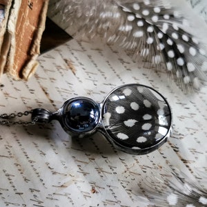 Cottagecore Jewelry, Guinea Fowl Feather Necklace, Black Ceramic Pendant, Pressed Flower, Terrarium Jewelry, Christmas Gift For Her