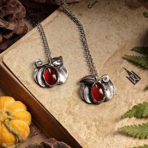 Può includere: Due collane in metallo color argento con ciondoli a forma di zucca. Ogni ciondolo è incastonato con una pietra preziosa liscia, di forma ovale e di colore rosso scuro al centro, e presenta un piccolo dettaglio a foglia in metallo.