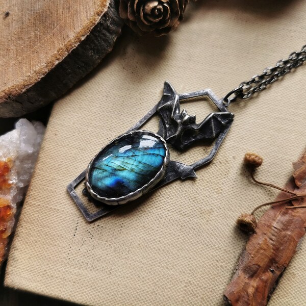 Blue labradorite necklace, Witchycore jewelry, Handmade jewelry gift for her, Whimsygoth jewelry, Gothic horror jewelry