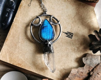 Gioielli in Labradorite Blu, Luna Crescente, Gioielli Celesti, Gioielli Strega, Whimsygoth, Gioielli in Quarzo di Cristallo, Collana Labradorite