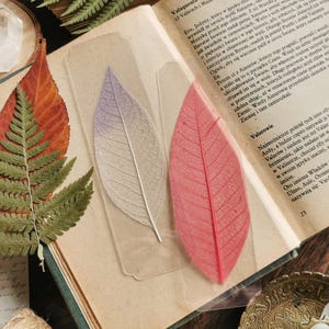 Puede incluir: Dos marcapáginas con forma de hoja en fundas de plástico transparente descansan sobre un libro abierto. Un marcapáginas es un degradado de morado a blanco, el otro es rojo. También se ven hojas secas y un cristal.
