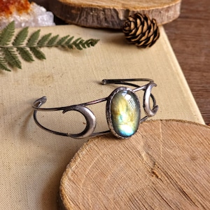 Green Labradorite Bracelet, Soft Solder, Witchy Jewelry, Crescent Moon, Celestial Accessories