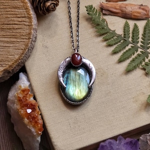 Green Labradorite Necklace, Crescent Moon Pendant, Witchy Celestial Jewelry