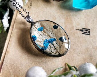 Winter Necklace, Cottagecore Jewelry, Blue Baby Breath Flower, Real Plant Jewelry, Pressed Flower, Forest Jewelry, Terrarium Jewelry