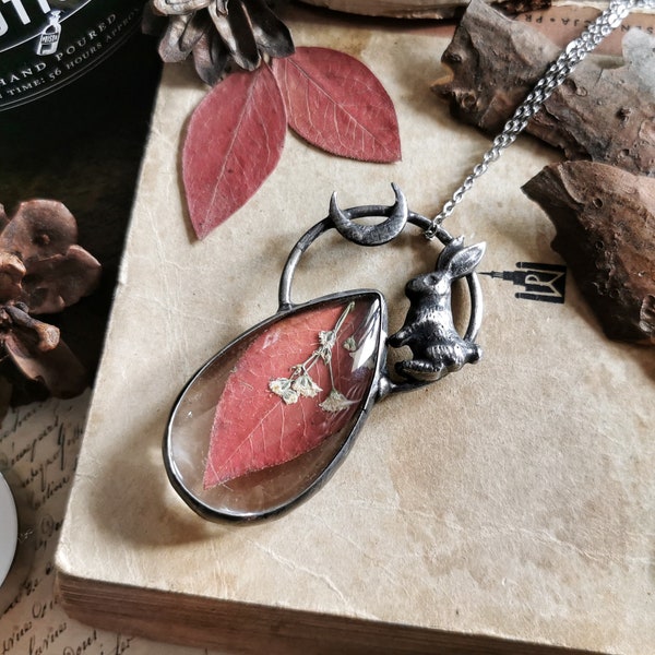 Autumn Necklace, Cottage core Jewelry, Fall Leaf Jewelry, Crescent Moon, Real Plant Jewelry, Hare Jewelry, Pressed Flower, Forest Jewelry