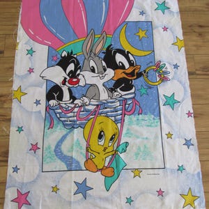 Vintage 1996 Tiny Toon Loony Tunes Hot Air Balloon Cotton Fabric Sew Quilt Craft Panel Tweedy Bird Sylvester Bugs Bunny Daffy Duck 34"x44"