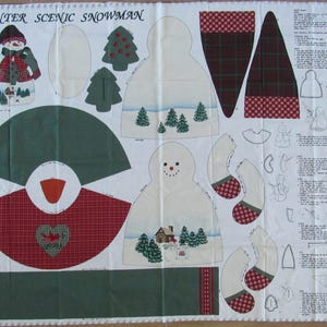 Vintage Winter Scenic Snowman Fabric Panel / White snowman with winter scene along the bottom Cranston Print Works Co. / Country Christmas