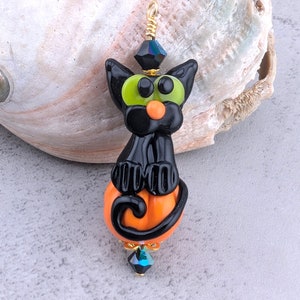 Lampwork Pendant, Halloween Black Cat on Orange Pumpkin, Preciosa Jet Black AB Crystals on Gold, Cat Lover&#39;s Jewelry & Halloween Charm