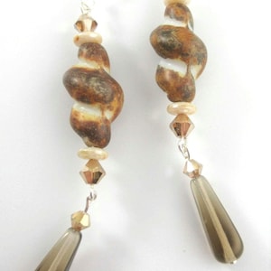 Tan Glass Swirl Shell Design Handmade Glass Earrings with Czech Glass Smoky Quartz Vintage Squared off Teardrops & Preciosa Crystals