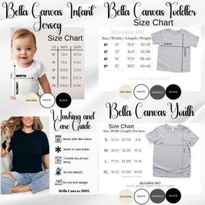 May include: A comprehensive Bella Canvas size chart for infant, toddler, and youth apparel. It includes detailed measurement tables in inches for width, length, and weight, alongside a washing and care guide with icons and instructions for garment maintenance.