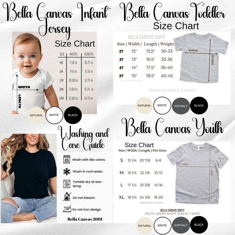 May include: A comprehensive Bella Canvas size chart for infant, toddler, and youth apparel. It includes detailed measurement tables in inches for width, length, and weight, alongside a washing and care guide with icons and instructions for garment maintenance.