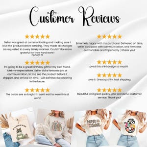 May include: A graphic display titled Customer Reviews featuring six five-star ratings and written feedback. Below the text, four images show t-shirts and sweatshirts with various printed designs, including a frog, books, and text graphics.