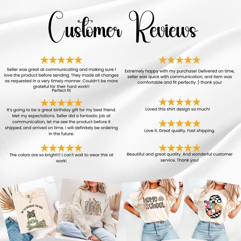 May include: A graphic display titled Customer Reviews featuring six five-star ratings and written feedback. Below the text, four images show t-shirts and sweatshirts with various printed designs, including a frog, books, and text graphics.