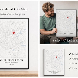 Op de afbeelding: Een ingelijste stadskaart met een rode hartspeld, met het opschrift "WAAR ALLES BEGON" en de stad Den Haag, Nederland. De tekst "Personalized City Map" en "Editable Canva Template" zijn ook zichtbaar. De afbeelding toont een stel dat een vergelijkbare kaart vasthoudt.
