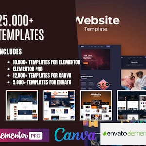 May include: A website template design with the text "Website Template" in large white letters on a dark red background. The image shows a variety of website designs, including a dark background with white text, a light background with dark text, and a design with a photo of two people. The image also includes the text "25,000+ TEMPLATES" and "INCLUDES" with a list of website design platforms and the number of templates available for each platform.