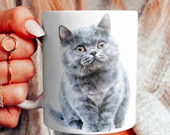 British Shorthair Watercolor Mug, Cat Lover Cup, British Shorthair Gift, Animal Pet Lovers Gift, Cute Kitty Drinkware, Unique Kitchen Decor,