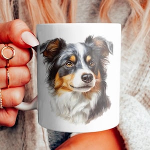 Miniatur American Shepherd Aquarell Becher, Schäferhund Liebhaber Geschenk, Tier Haustier Liebhaber Geschenk, niedliches Hunde Trinkgefäß, einzigartiges Küchendekor,