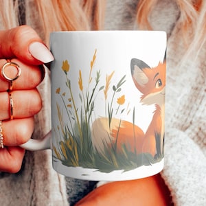 Caneca de desenho animado de raposa, caneca de raposas fofas, caneca de presente de raposas, presente de raposa, presente de amante de raposas, caneca de raposa para ela e ele, raposa da floresta, caneca de raposa na grama