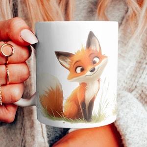 Caneca de desenho animado de raposa, caneca de raposas fofas, caneca de presente de raposas, presente de raposa, presente de amante de raposas, caneca de raposa para ela e ele, raposa da floresta, caneca de raposa na grama