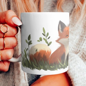 Caneca de desenho animado de raposa, caneca de raposas fofas, caneca de presente de raposas, presente de raposa, presente de amante de raposas, caneca de raposa para ela e ele, raposa da floresta, caneca de raposa na grama
