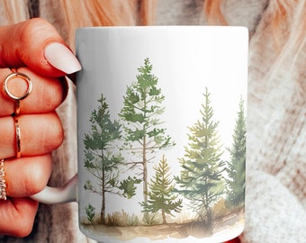 Koffiemok aquarel dennenbomen: cadeau natuurliefhebber