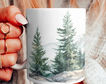 Koffiemok aquarel dennenbomen: cadeau natuurliefhebber
