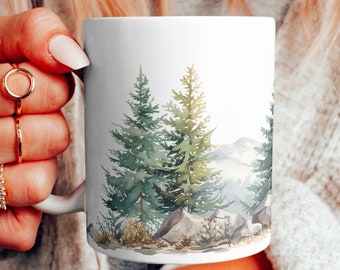 Dennenbomen aquarel koffiemok: cadeau natuurliefhebber